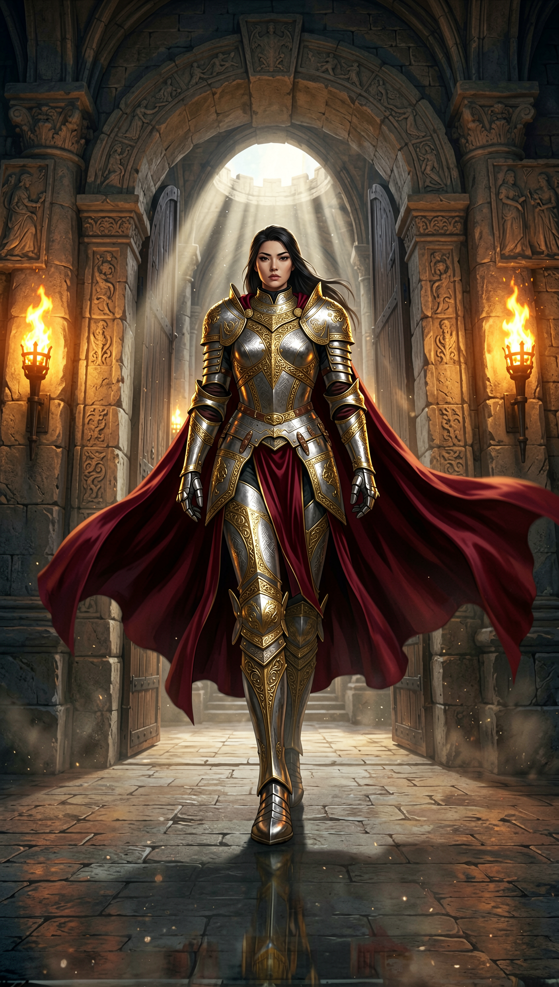 An illustrated armored queen before a luminous gate